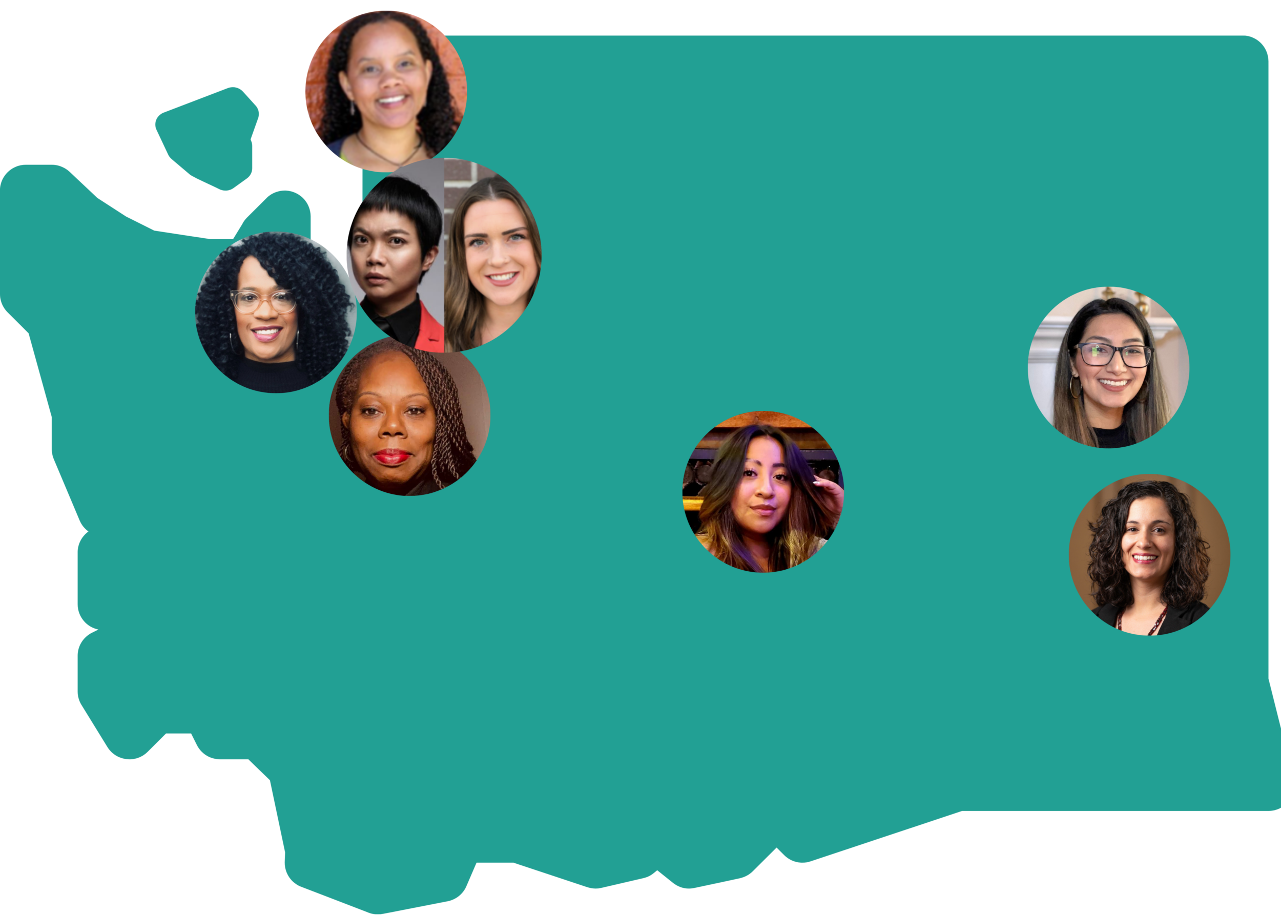 Washington State with headshots of Equity Ambassadors placed over where they are located through the state. Seattle, Spokane, Olympia, Wenatchee, Pullman, Federal Way, Bellingham