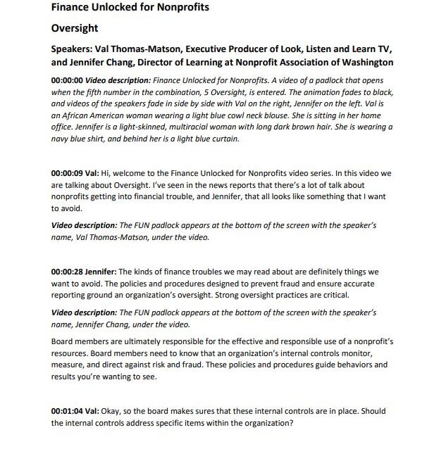 Preview of Finance Unlocked for Nonprofits Oversight video transcript