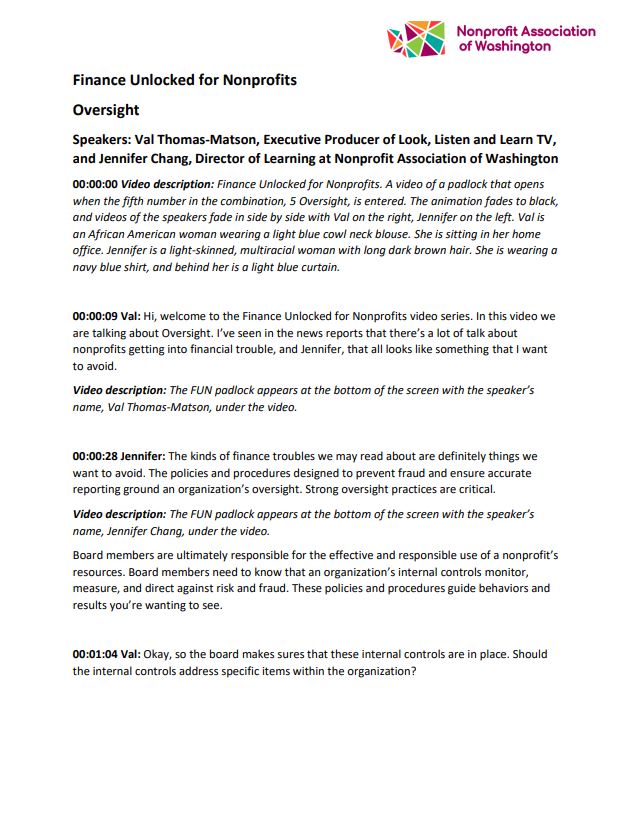 Preview of Finance Unlocked for Nonprofits Oversight video transcript