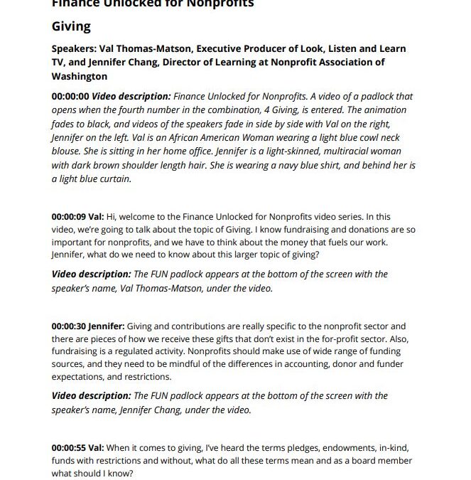 Preview of the Finance Unlocked for Nonprofits Giving video transcript