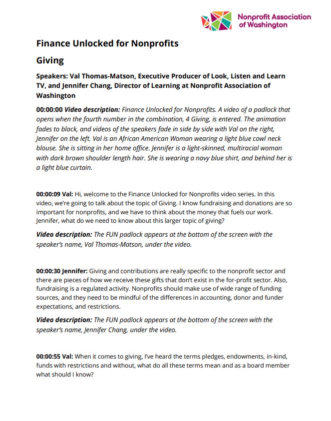 Preview of the Finance Unlocked for Nonprofits Giving video transcript