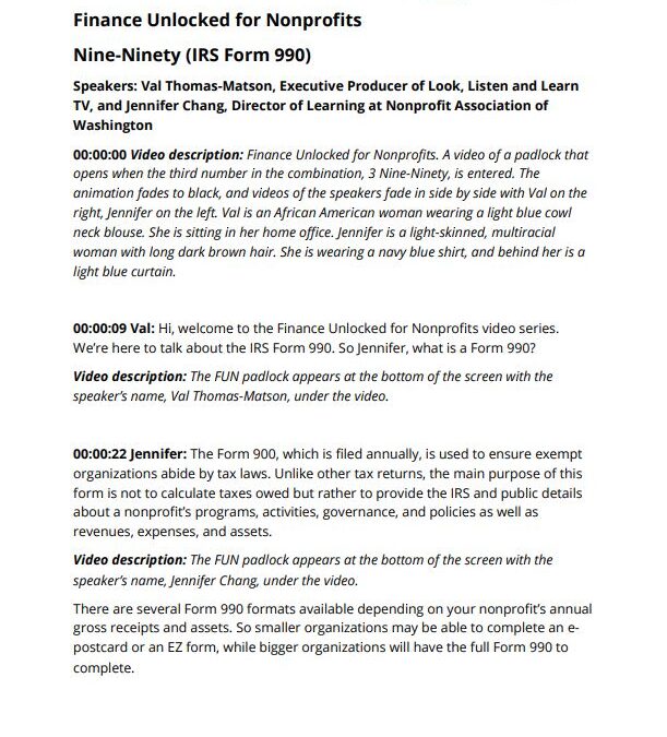 A preview of the Finance Unlocked for Nonprofits 990 video transcript