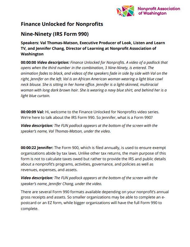 A preview of the Finance Unlocked for Nonprofits 990 video transcript