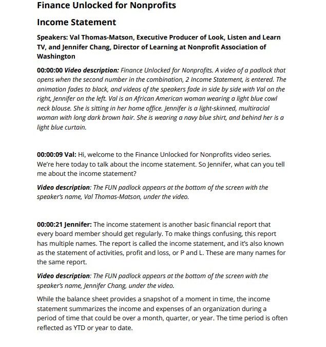 Preview of the Finance Unlocked for Nonprofits Income Statement video transcript