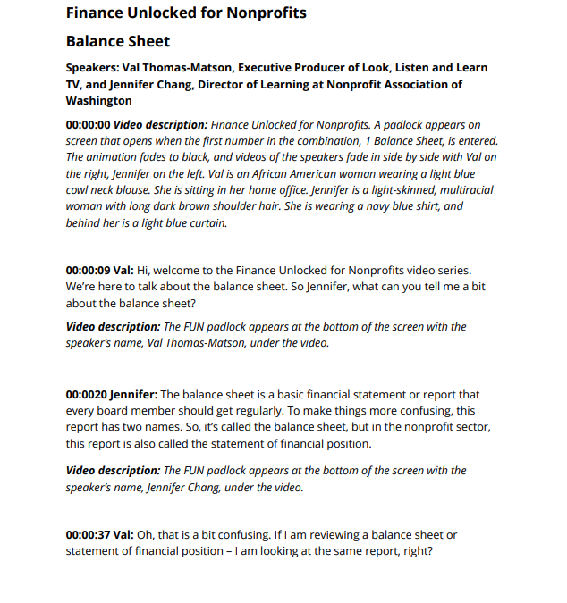 Preview of the Finance Unlocked for Nonprofits Balance Sheet video transcript
