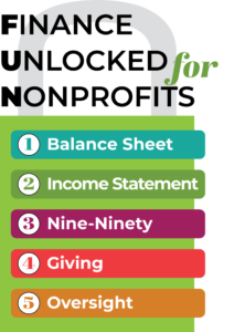 Finance Unlocked For Nonprofits Logo. Balance Sheet. Income Statement. Nine-Ninety. Giving. Oversight.