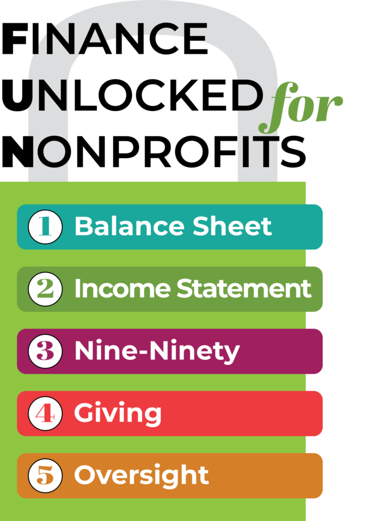 Finance Unlocked For Nonprofits Logo. Balance Sheet. Income Statement. Nine-Ninety. Giving. Oversight.