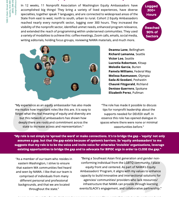 Equity Ambassadors Cohort 2 Summary Report with paragraphs of text, an image, and several quotes.