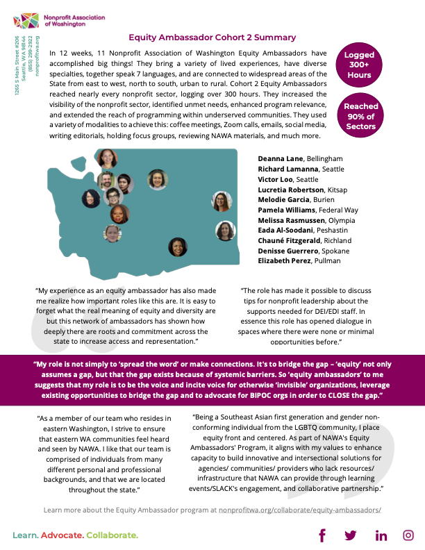 Equity Ambassadors Cohort 2 Summary Report with paragraphs of text, an image, and several quotes.