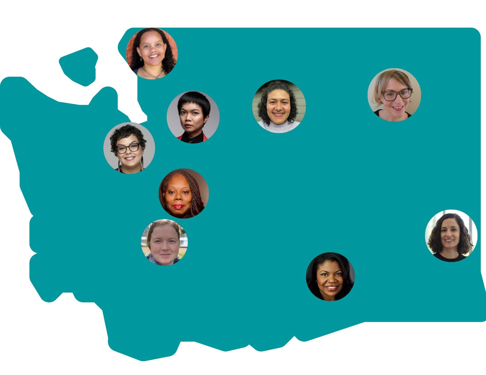 Washington State with headshots of Equity Ambassadors placed over where they are located. Richland, Pullman, Peshastin, Seattle, Bellingham, Vancouver, Olympia, Gig Harbor