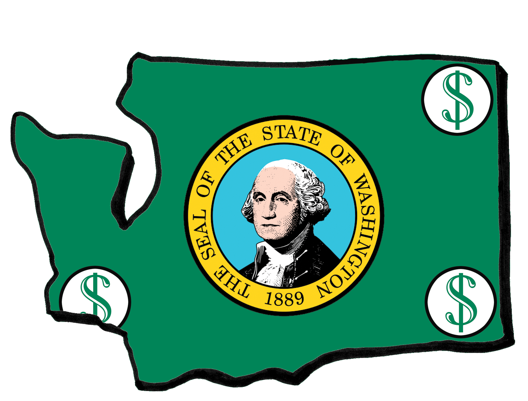 Outline of the State of Washington with dice, a cannabis leaf, and two drinks inside it.