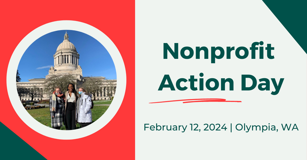 Nonprofit Day of Action Three people standing in front of the capitol. Nonprofit Action Day, February 12, 2024, Olympia, WA