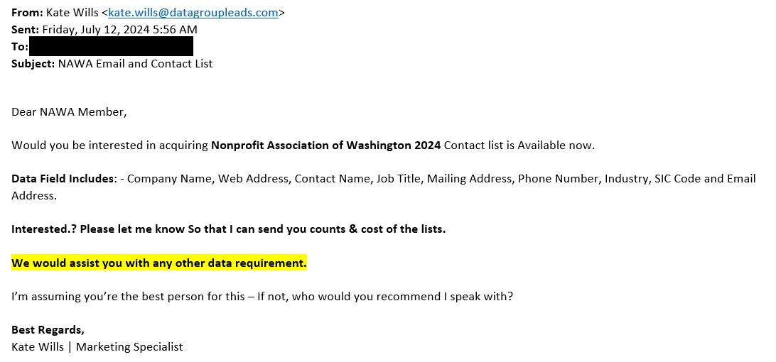Screenshot of a scam email offering a fake NAWA contact list