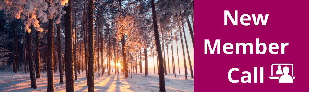 New member call graphic with snow and sun in trees