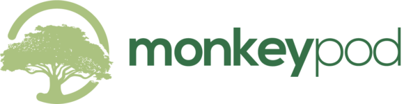 Image of a tree silhouette with a partial circle around it. To the right of the tree is the business name MonkeyPod